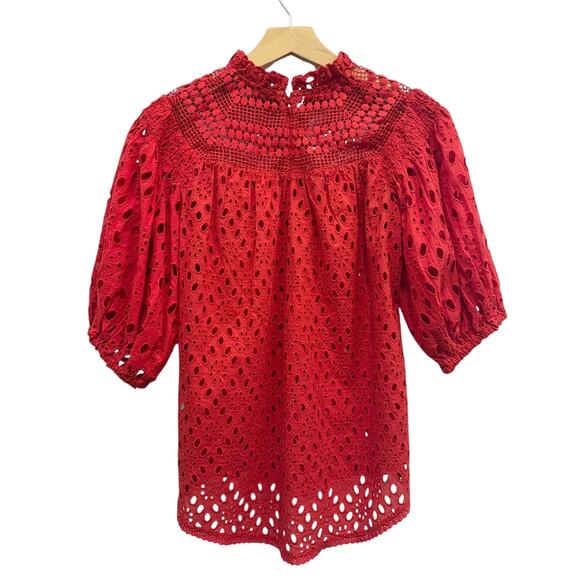 Allsaints Short Puff Sleeves Tila Eyelet Top in Red size US 2 - Picture 4 of 5